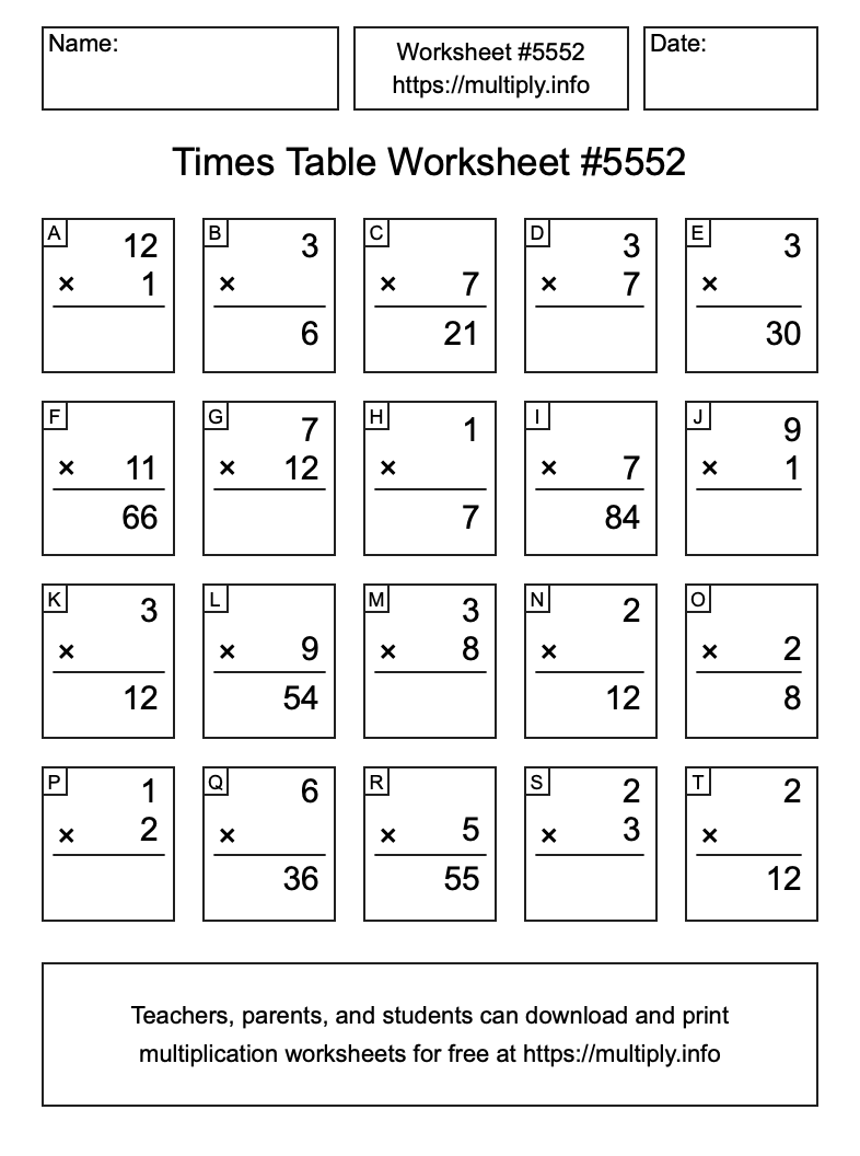 Times Table Worksheet #5552