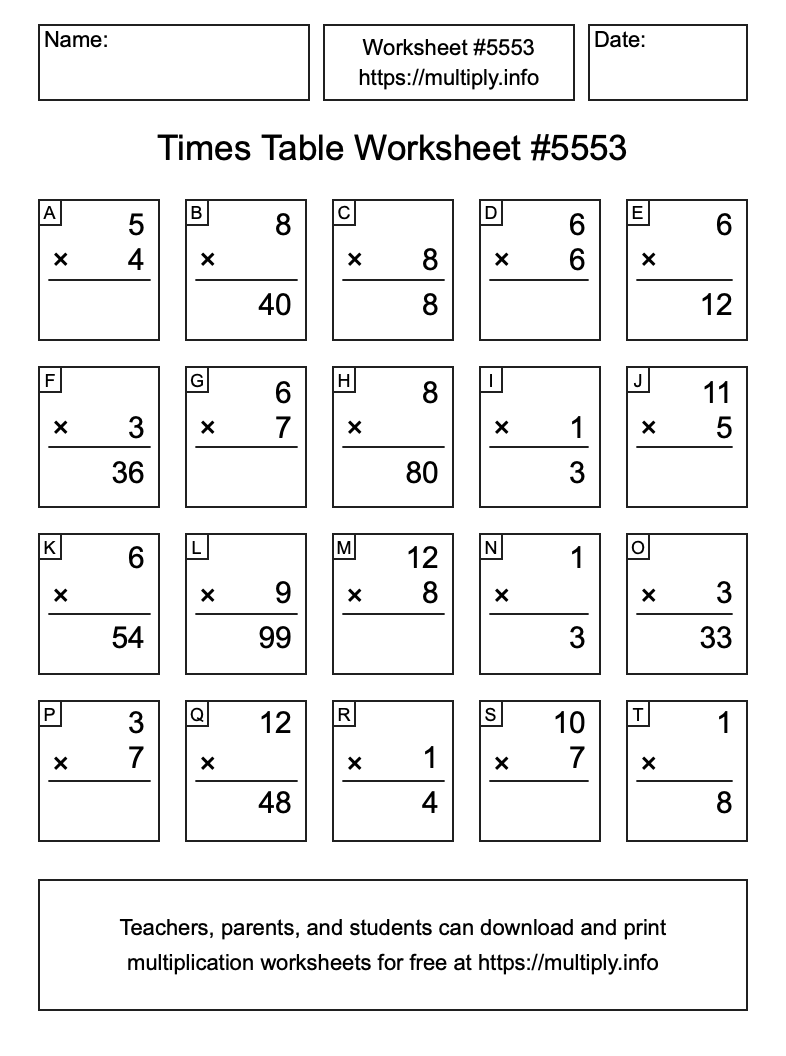 Times Table Worksheet #5553