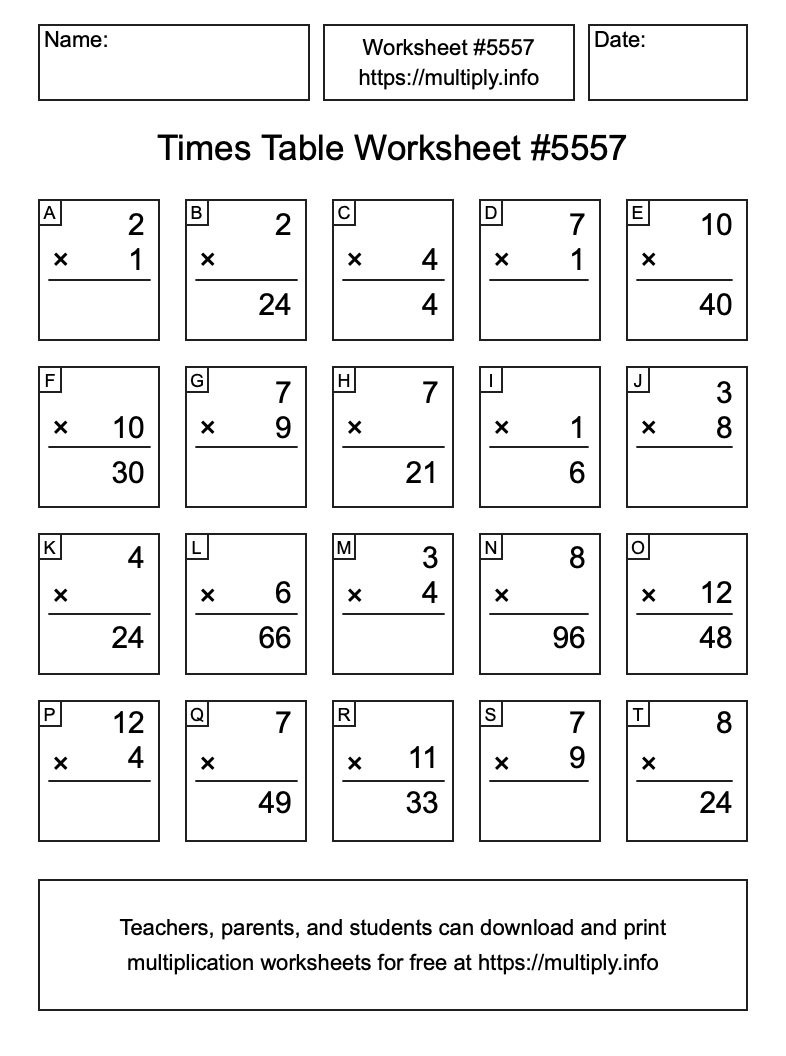 Times Table Worksheet #5557