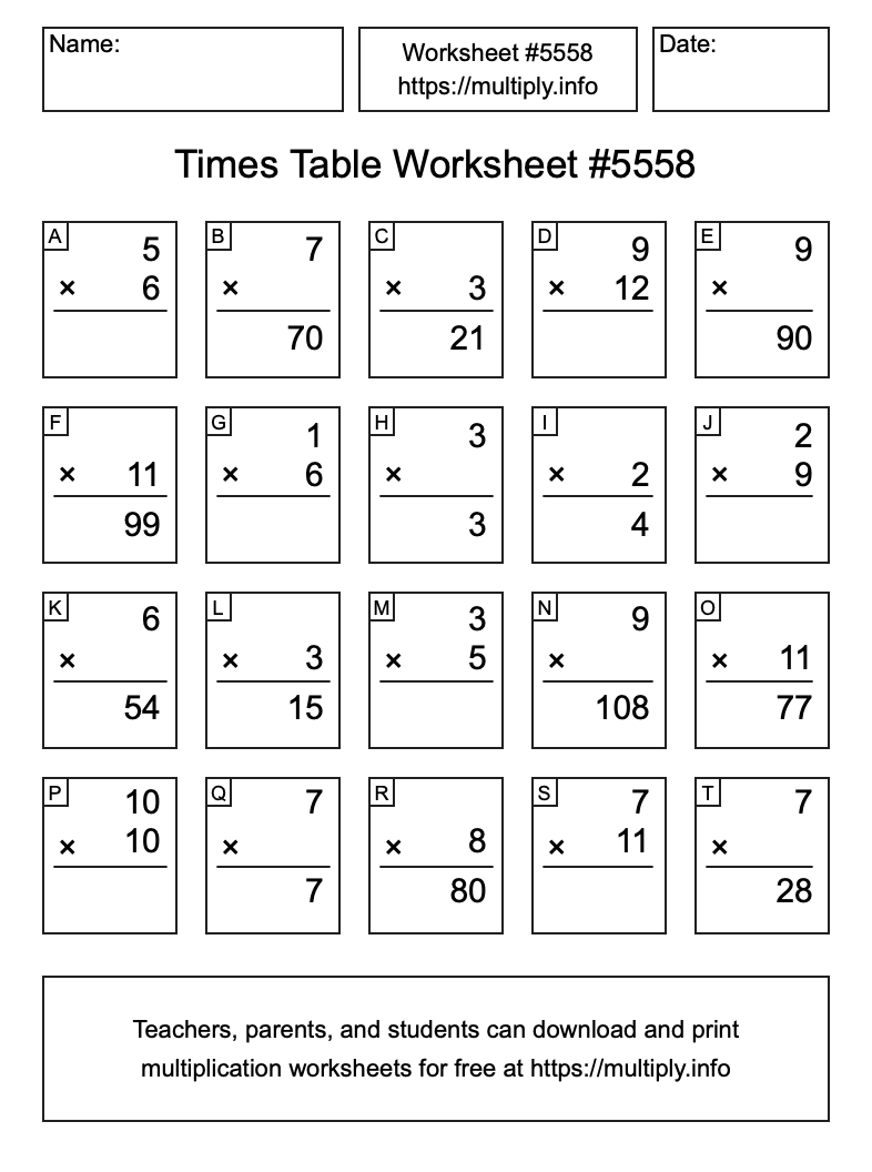 Times Table Worksheet #5558