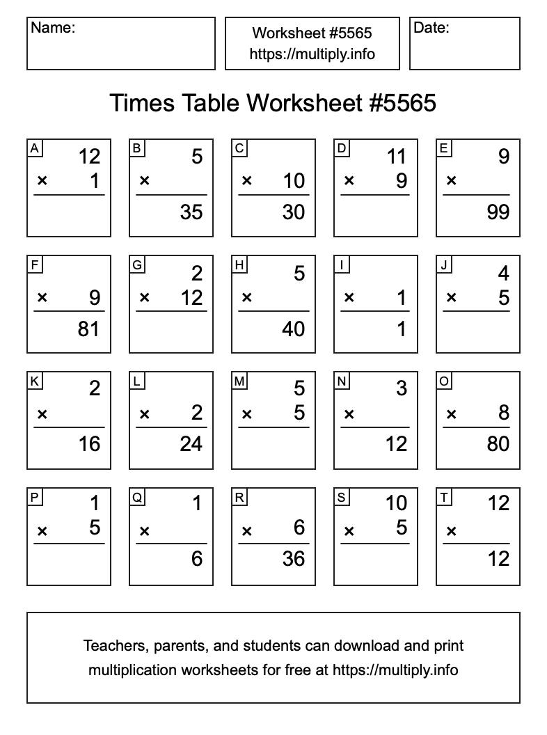 Times Table Worksheet #5565