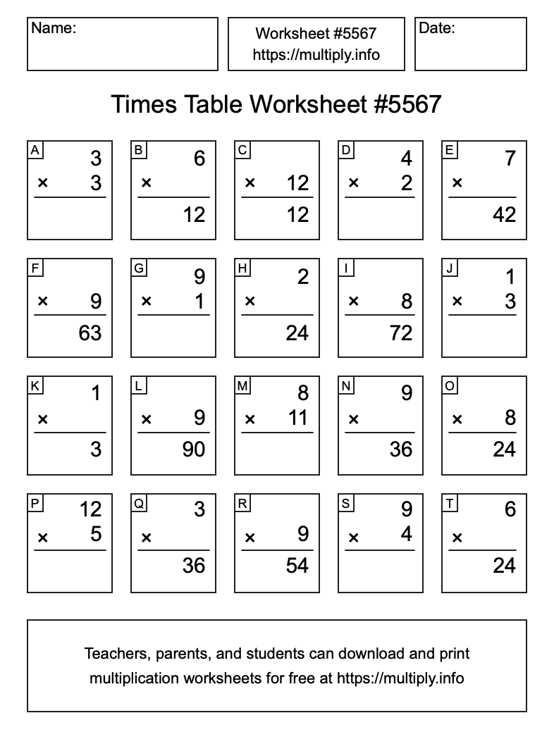 Times Table Worksheet #5567