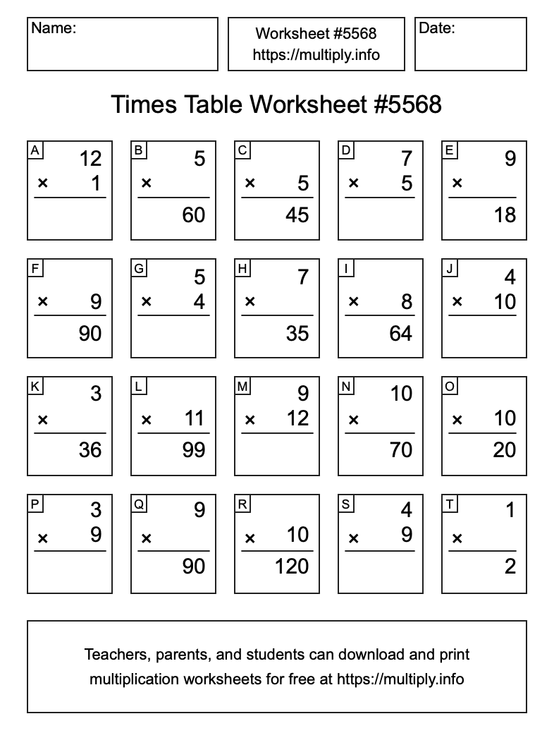 Times Table Worksheet #5568