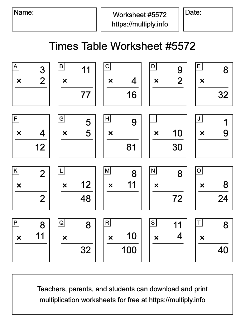 Times Table Worksheet #5572