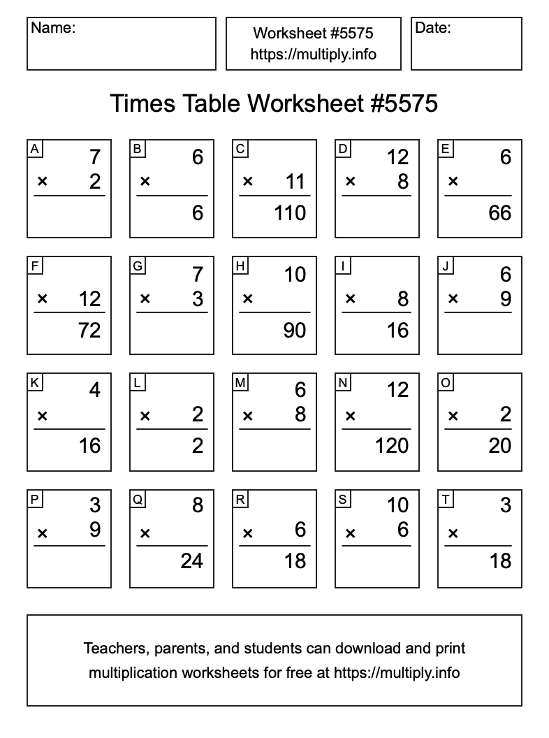 Times Table Worksheet #5575