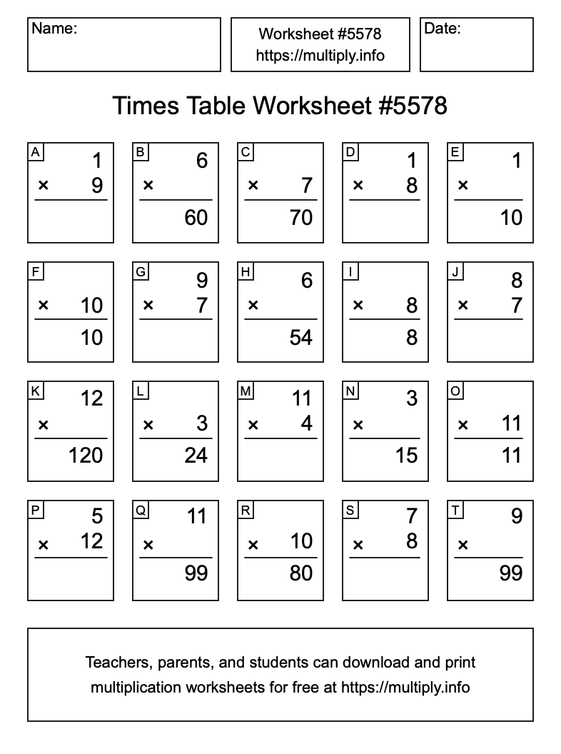 Times Table Worksheet #5578