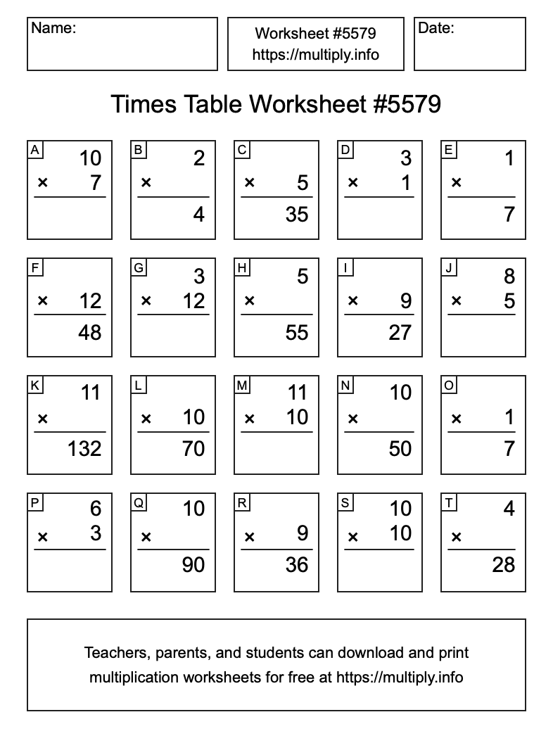 Times Table Worksheet #5579