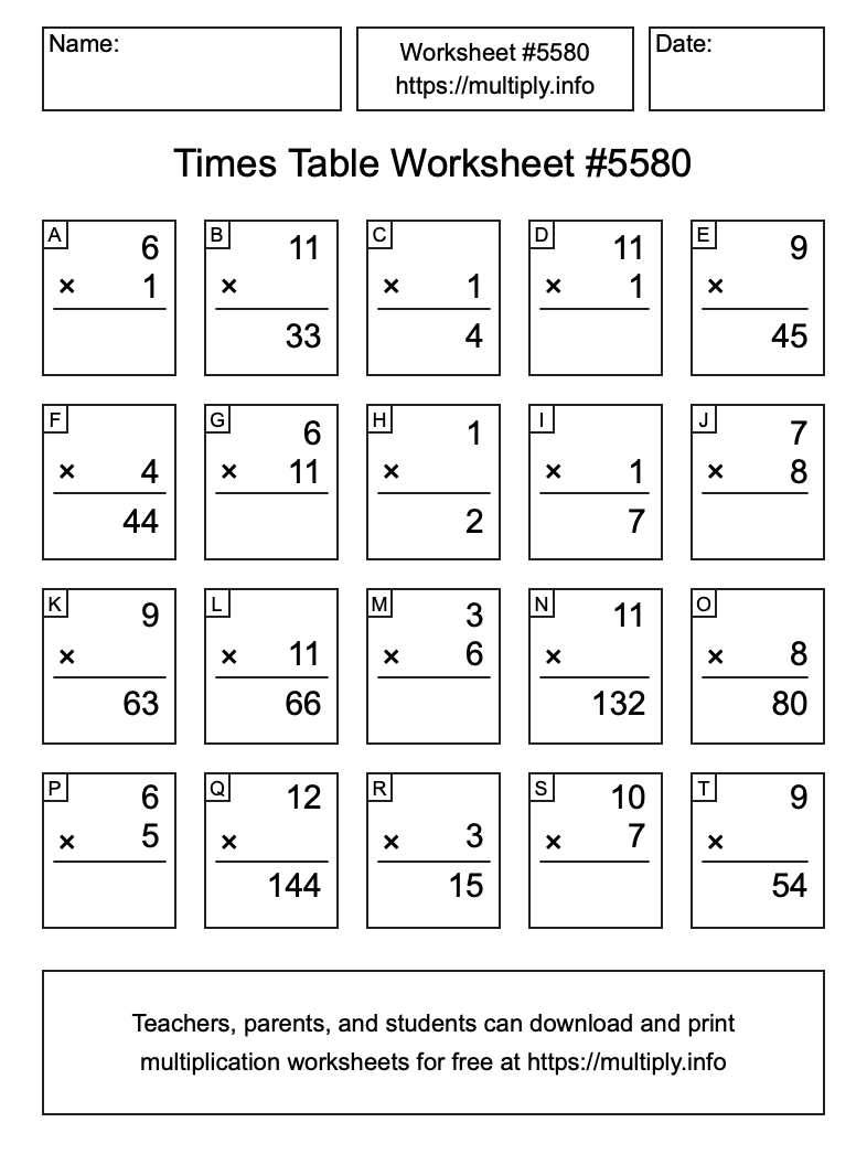 Times Table Worksheet #5580