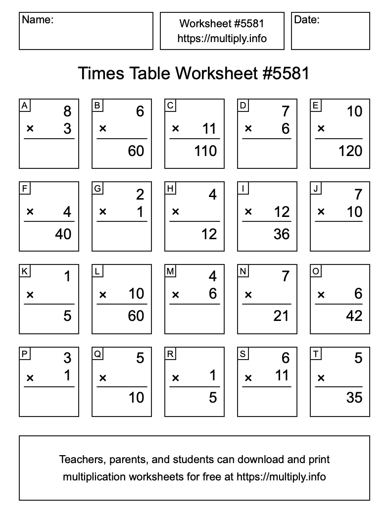 Times Table Worksheet #5581