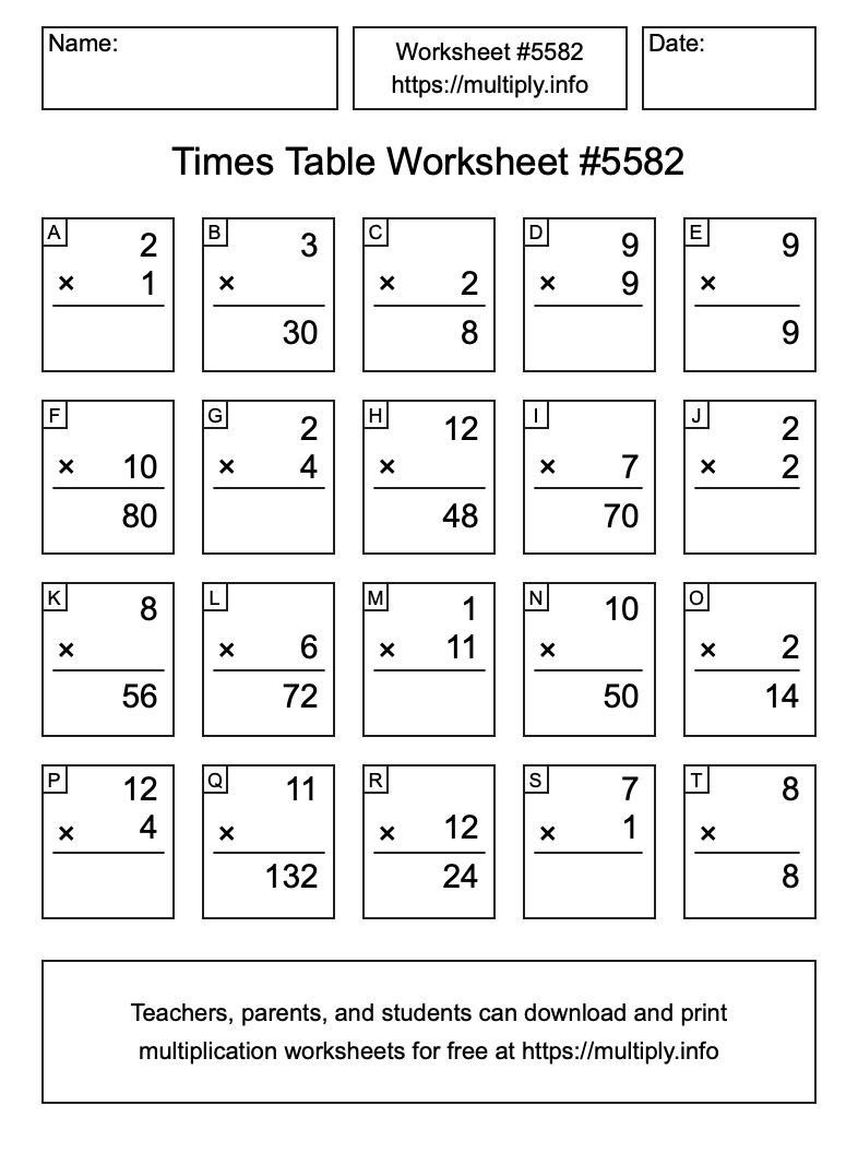 Times Table Worksheet #5582