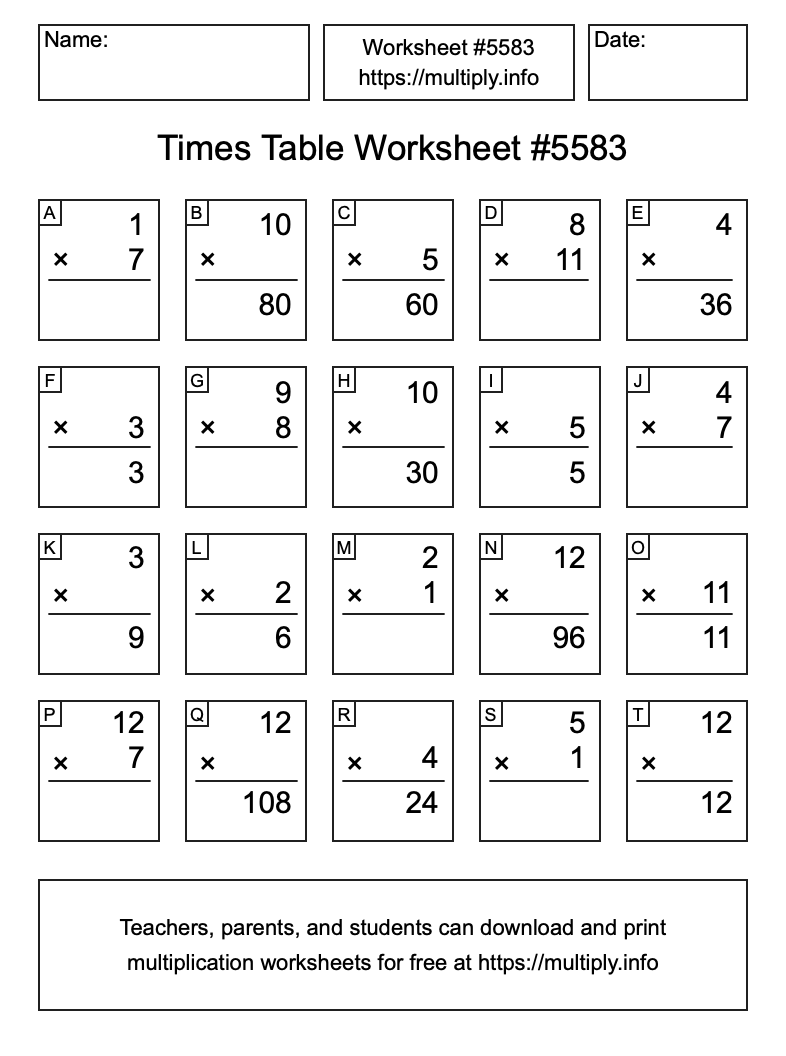 Times Table Worksheet #5583