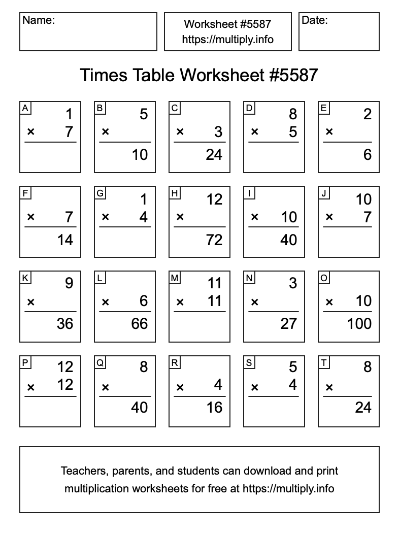 Times Table Worksheet #5587