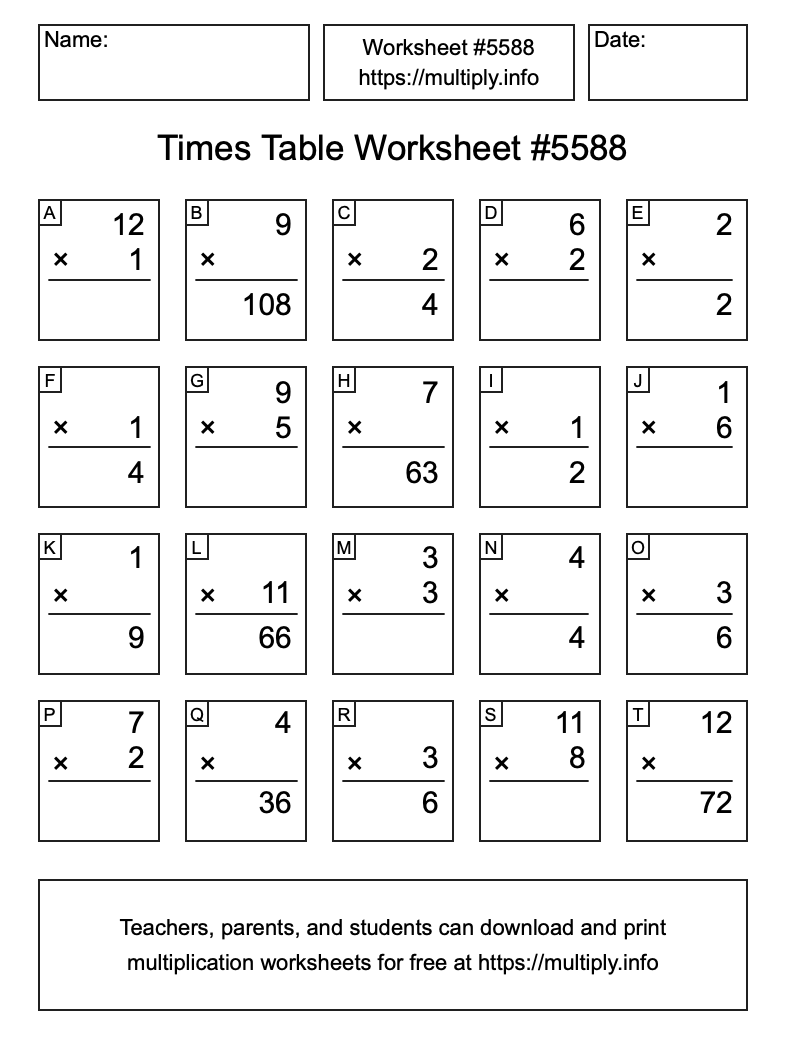 Times Table Worksheet #5588