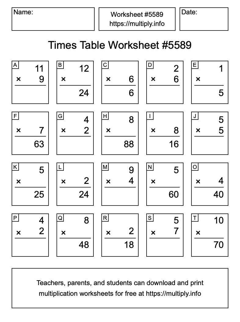 Times Table Worksheet #5589