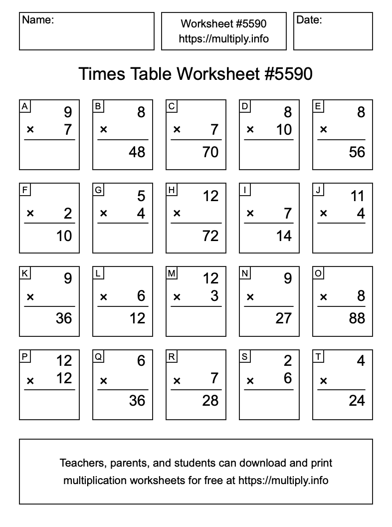 Times Table Worksheet #5590