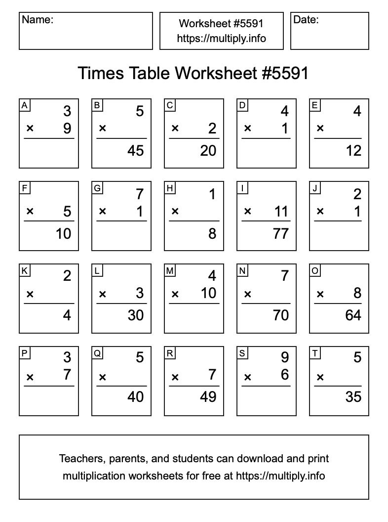 Times Table Worksheet #5591