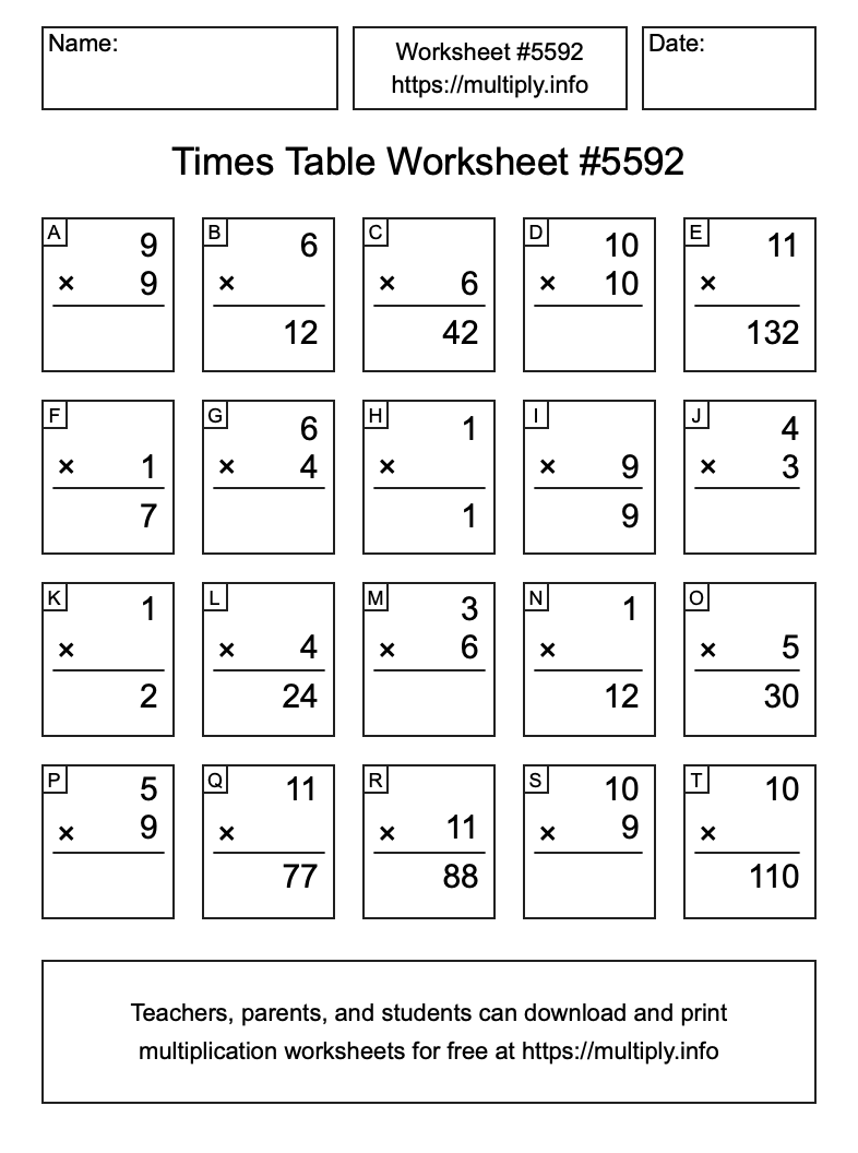 Times Table Worksheet #5592