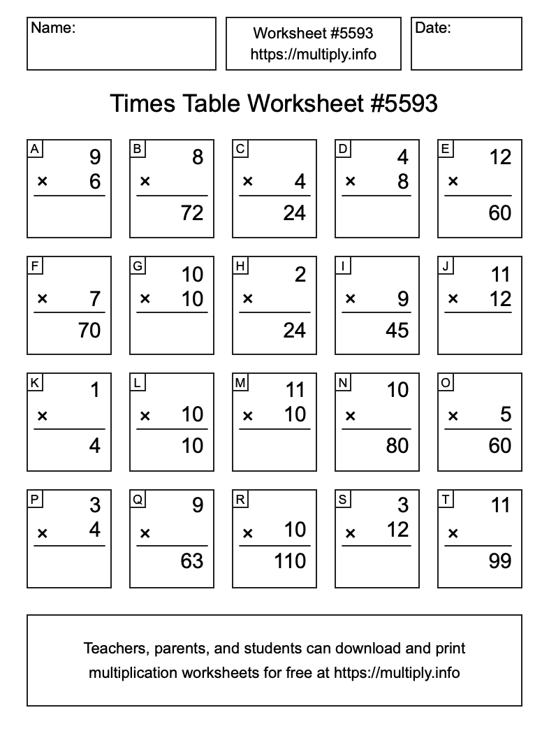 Times Table Worksheet #5593