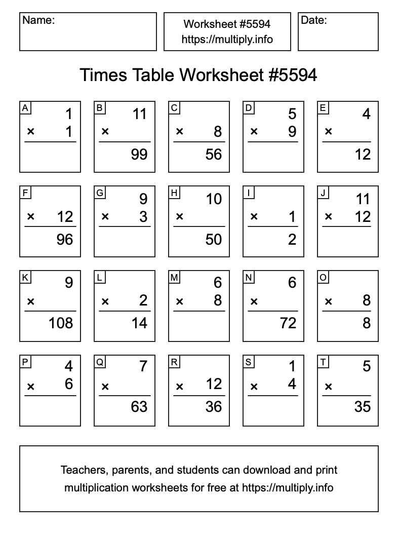 Times Table Worksheet #5594