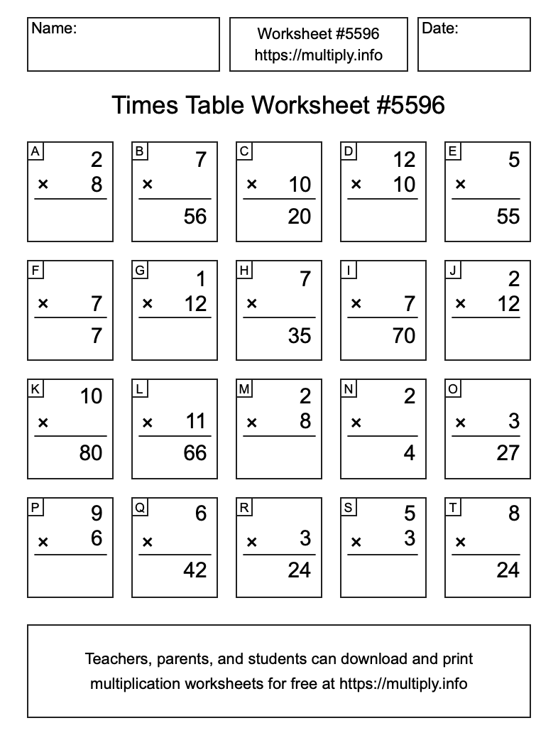 Times Table Worksheet #5596
