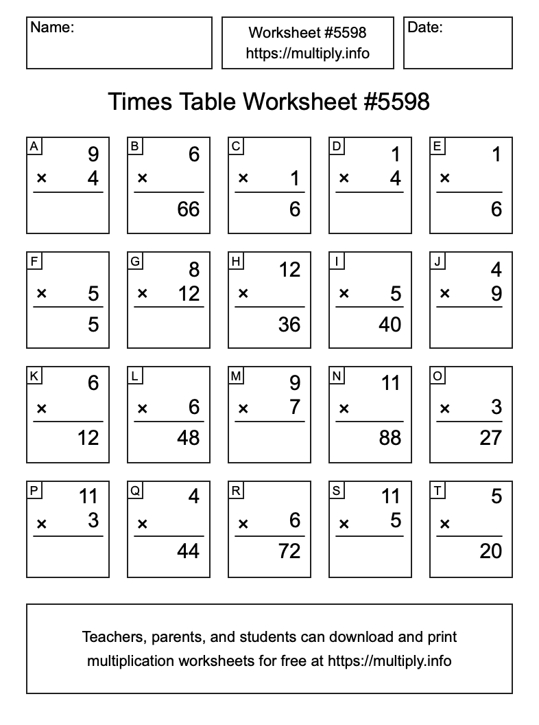 Times Table Worksheet #5598