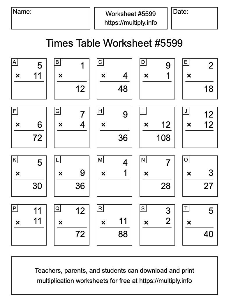 Times Table Worksheet #5599