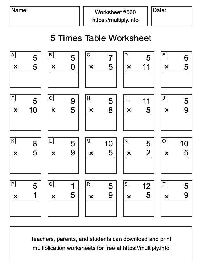 5 Times Table Worksheet #560