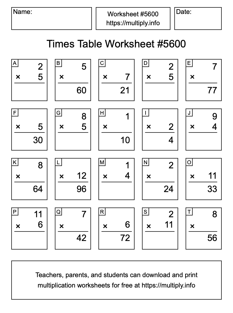Times Table Worksheet #5600