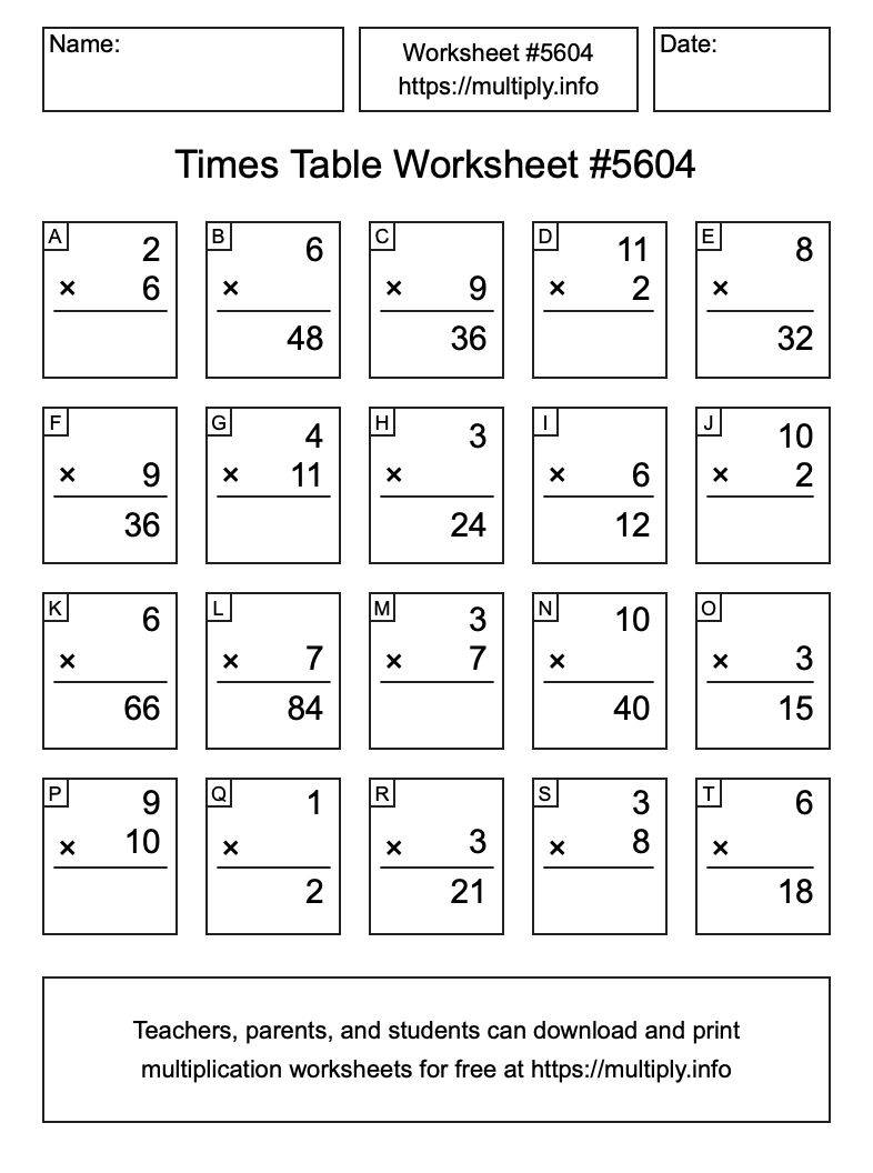 Times Table Worksheet #5604