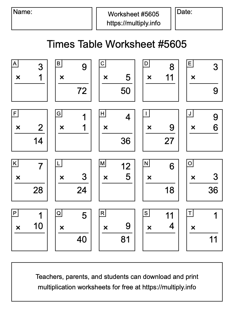 Times Table Worksheet #5605