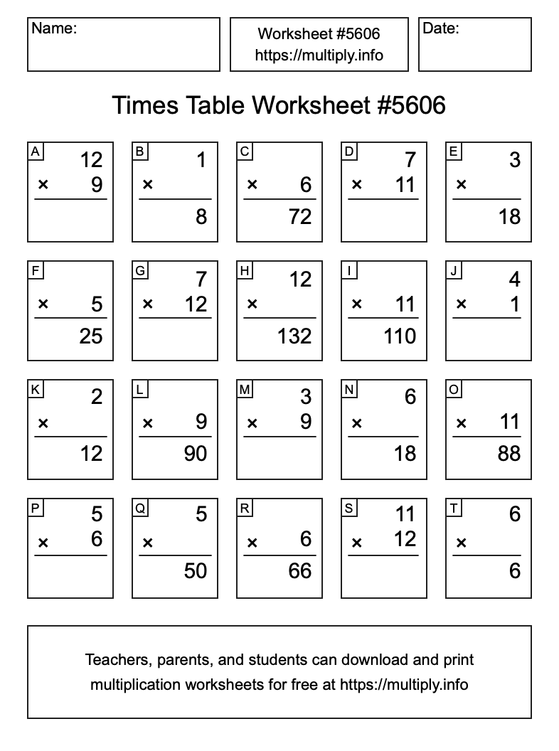 Times Table Worksheet #5606