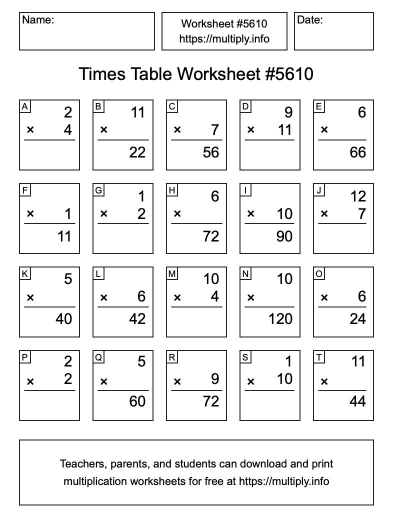 Times Table Worksheet #5610