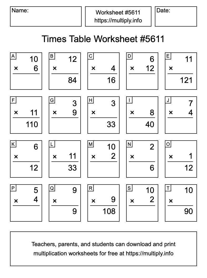 Times Table Worksheet #5611