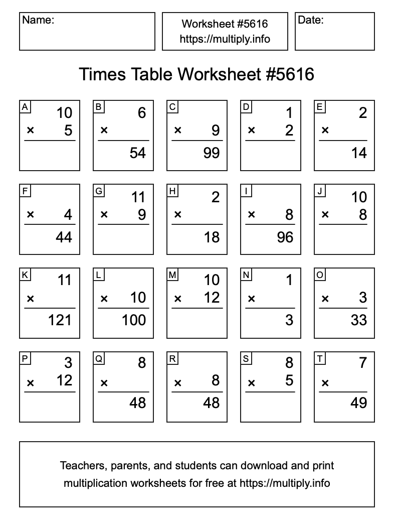 Times Table Worksheet #5616