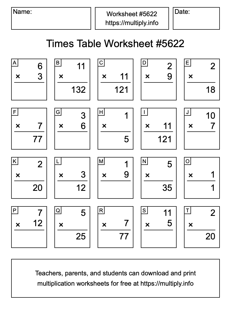 Times Table Worksheet #5622