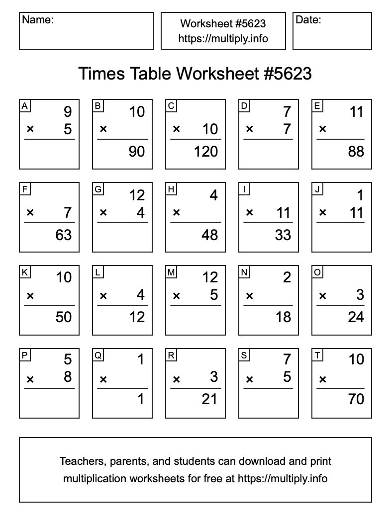 Times Table Worksheet #5623