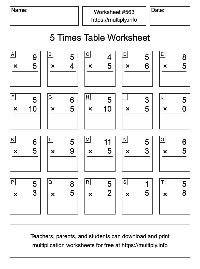 5 Times Table Worksheet #563