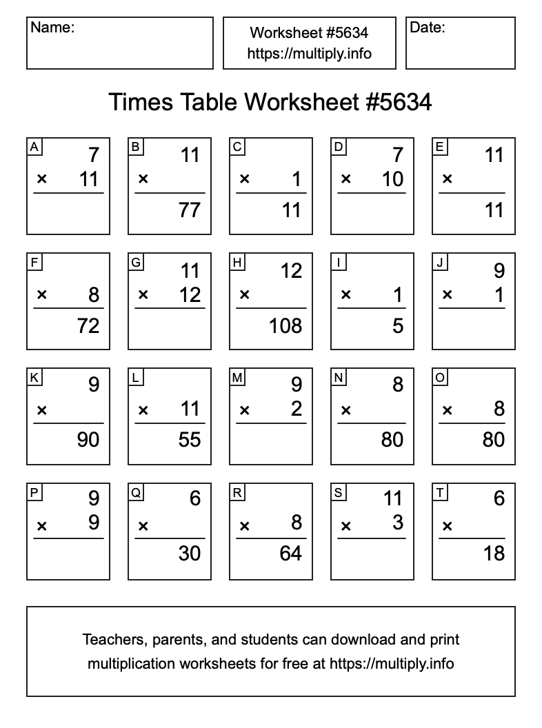 Times Table Worksheet #5634