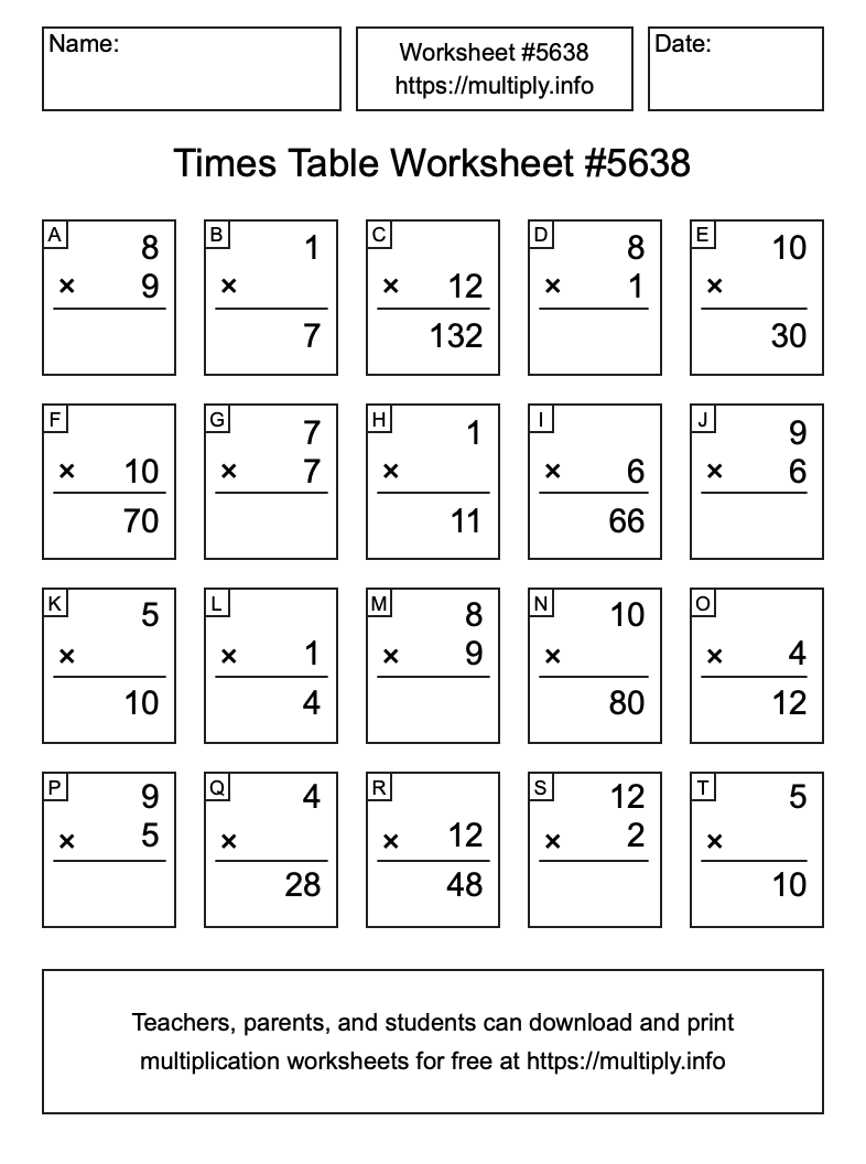 Times Table Worksheet #5638