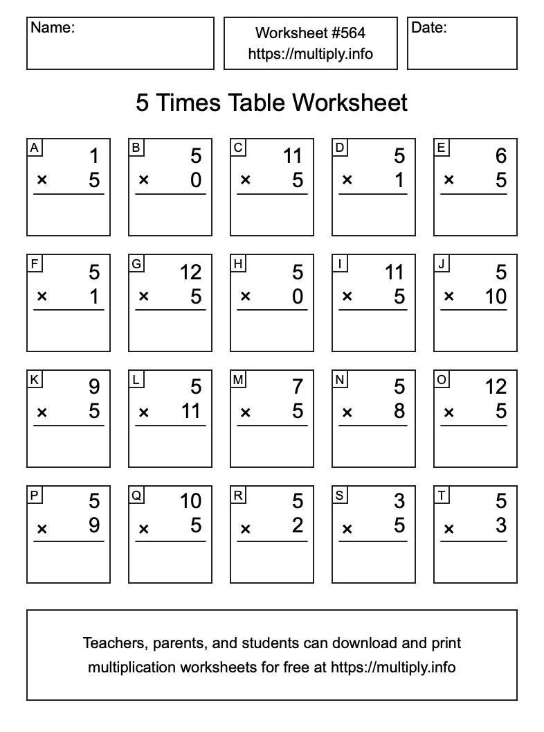 5 Times Table Worksheet #564