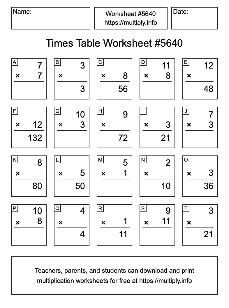 Times Table Worksheet #5640