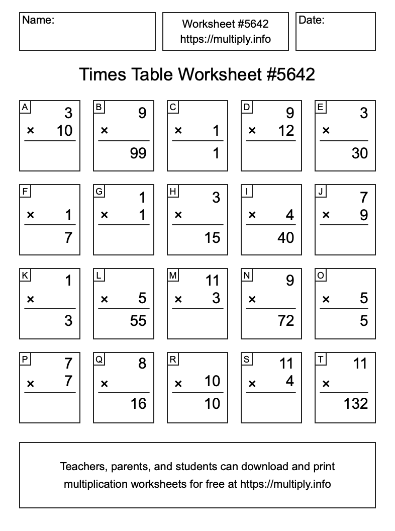 Times Table Worksheet #5642