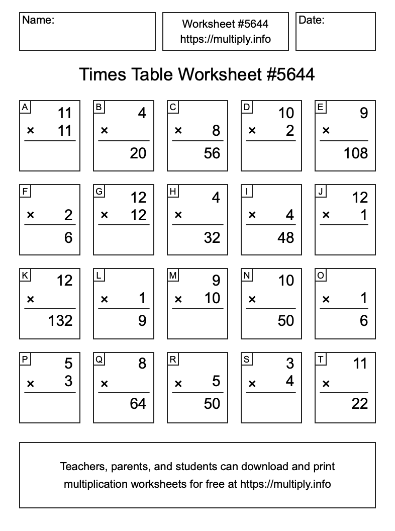 Times Table Worksheet #5644