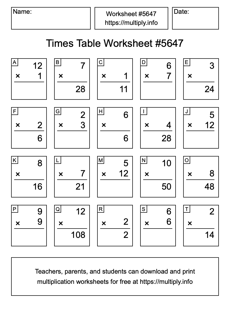 Times Table Worksheet #5647