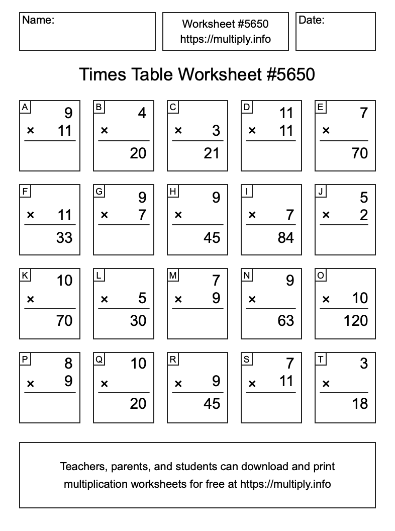 Times Table Worksheet #5650
