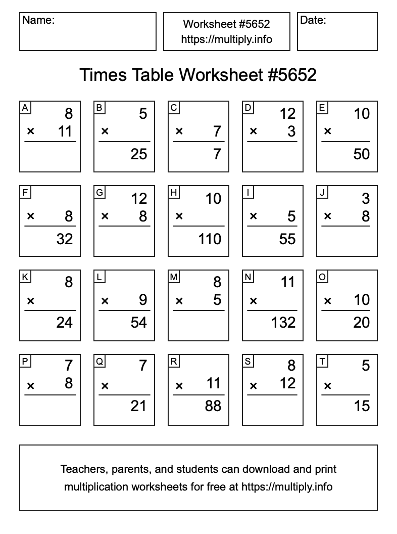 Times Table Worksheet #5652