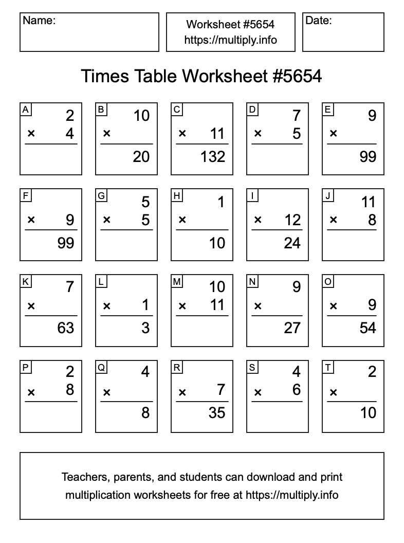 Times Table Worksheet #5654