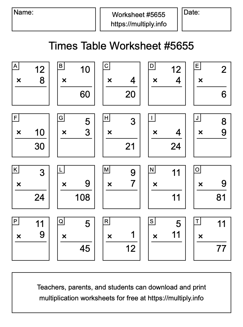 Times Table Worksheet #5655
