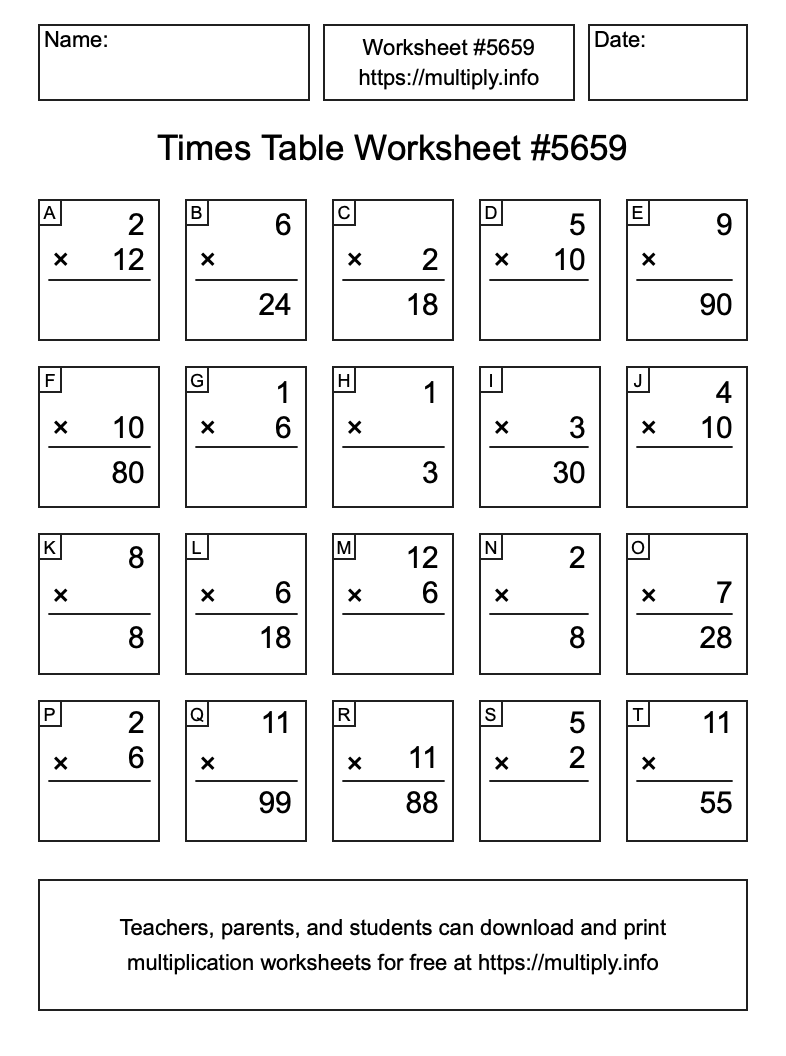 Times Table Worksheet #5659