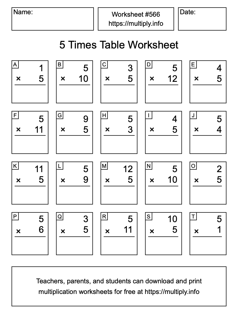 5 Times Table Worksheet #566